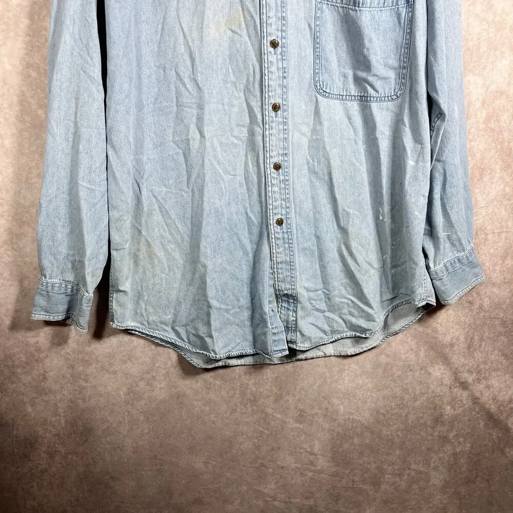 Chaps Ralph Lauren Dress Shirt Mens Size 16.5 34/35 Blue Denim Button Down‎ FLAW